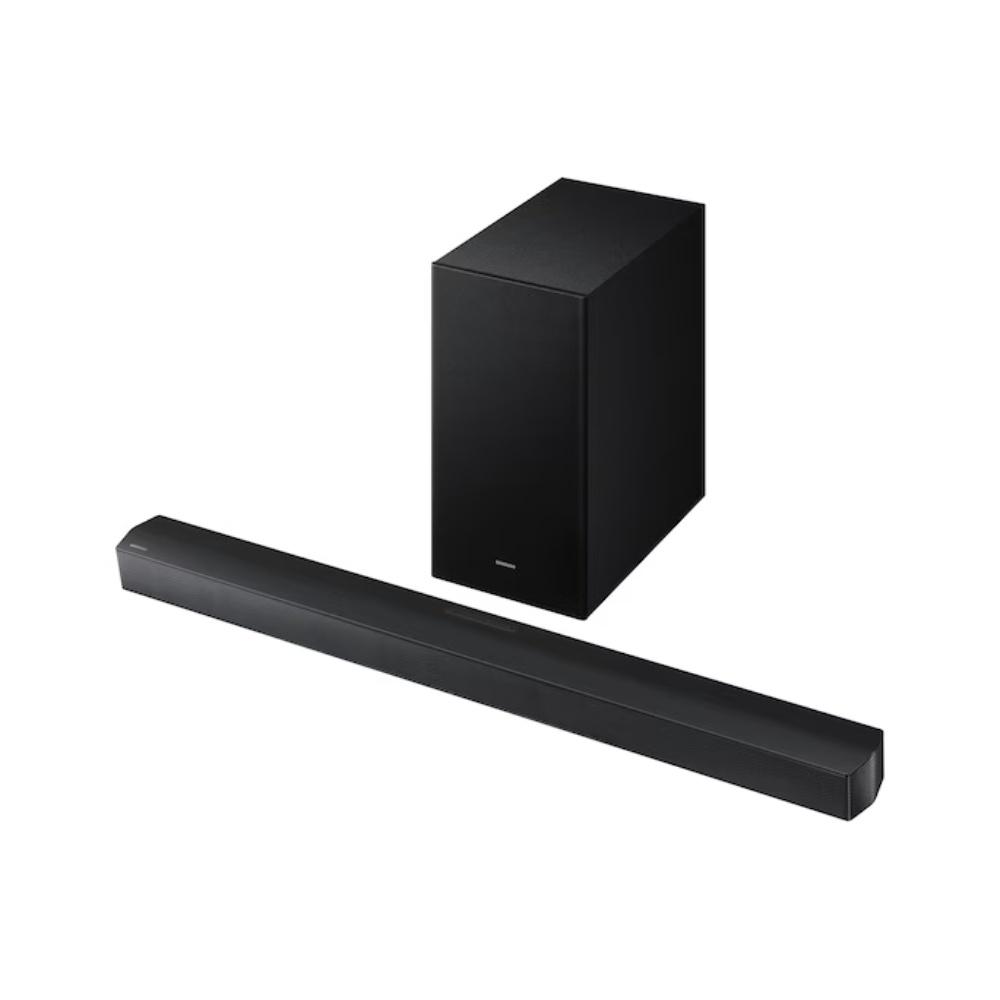 Barra de sonido Samsung, incluye subwoofer, sonido envolvente virtual en 3D, Q-SYMPHONY, cuenta con refuerzo en los sonidos graves, Altavoz central integrado, potencia 430 Vatios, 3,1 canales, conexión inalámbrica, Ficha técnica completa en www.samsung.com.co
