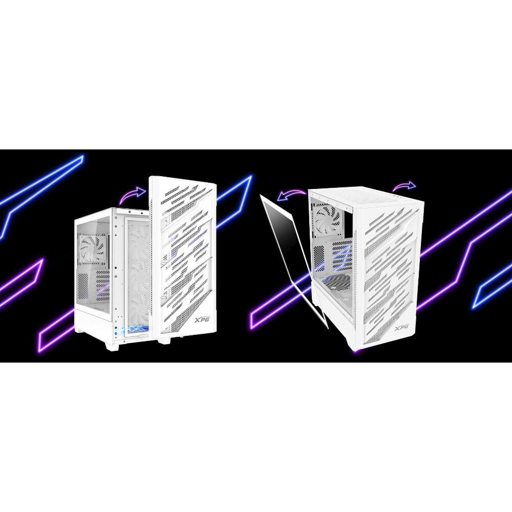 XPG STARKER AIR BTF, Blanco, soporta placas base con diseño de conector inverso, Torre Media ATX, 2.5'' y 3.5'' pulgadas x2, I/O: USB-C x1, USB-A x2, Audio HD x1, control LED x1, Reinicio x1, Poder x1, Ventilador ARGB: 4 x Ventiladores de 120mm (Frontal x3, Trasero x1), Ventilador: (Trasero x1), 2 Años de Garantía